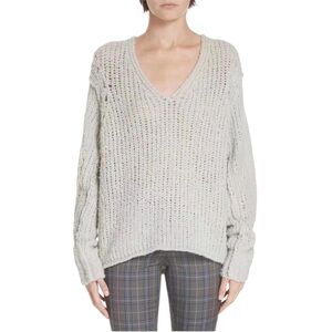 Rag & Bone Arizona V-Neck Open Knit 100% Merino Wool Sweater Light Gray Size M